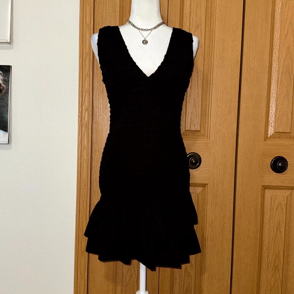 Zara Mini Dress Womens Small Black Smocked Bow Tie Back Tiered Ruffle Hem Party